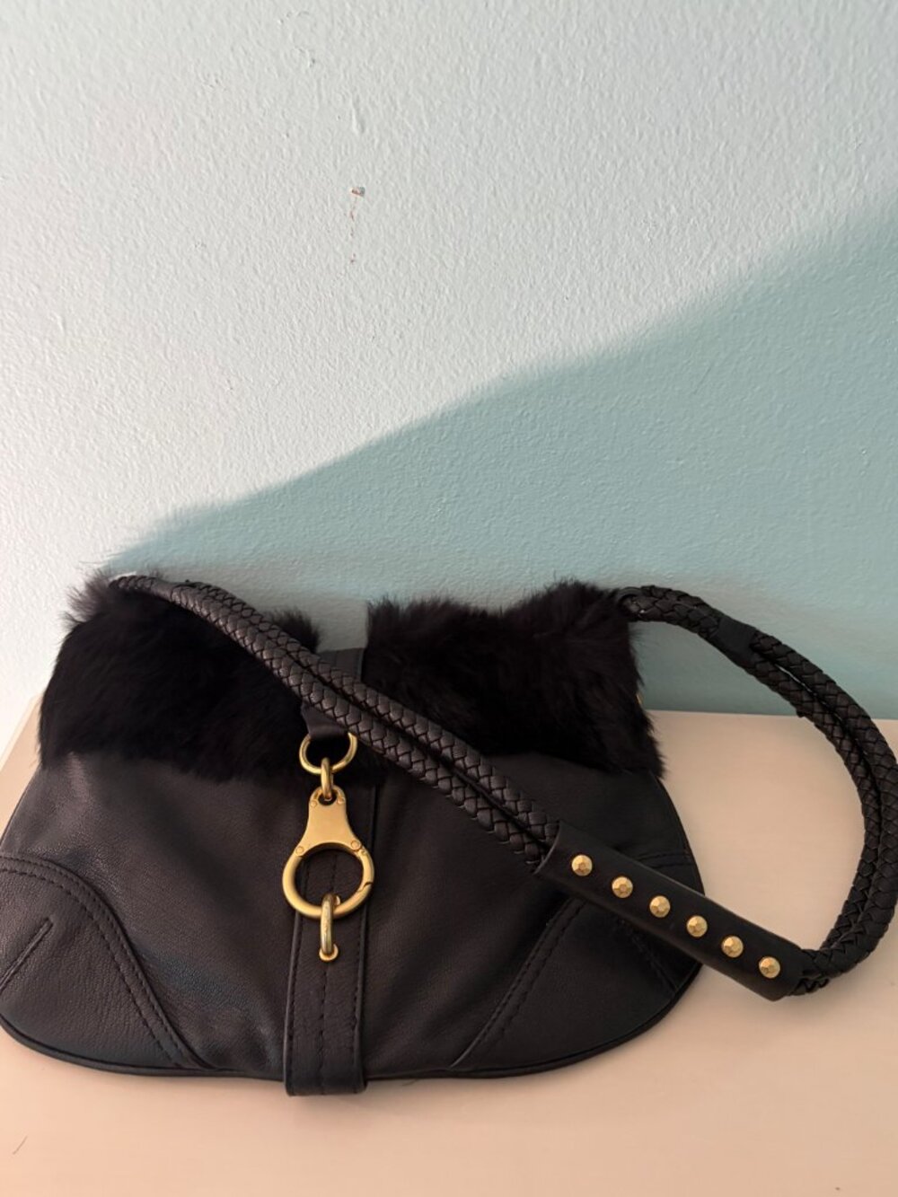 Sigrid Olsen Y2K Black Goat Leather with Genuine Rabbit Fur Shoulder Bag